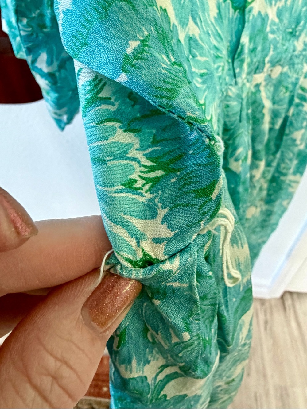 Vintage Silver Palm Cali Teal Floral Pinup Dress w Original Belt Retro 60s L - Picture 11 of 13